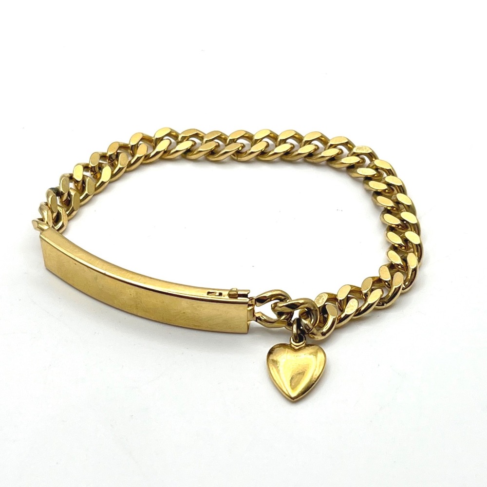 Speidel USA Gold Tone ID Bracelet Curb Chain Heart Charm Engravable 6.5 Inch